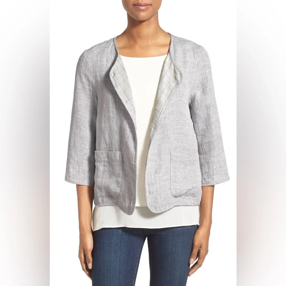 EILEEN FISHER Check Linen Round Neck Jacket in Dark Pearl Grey
